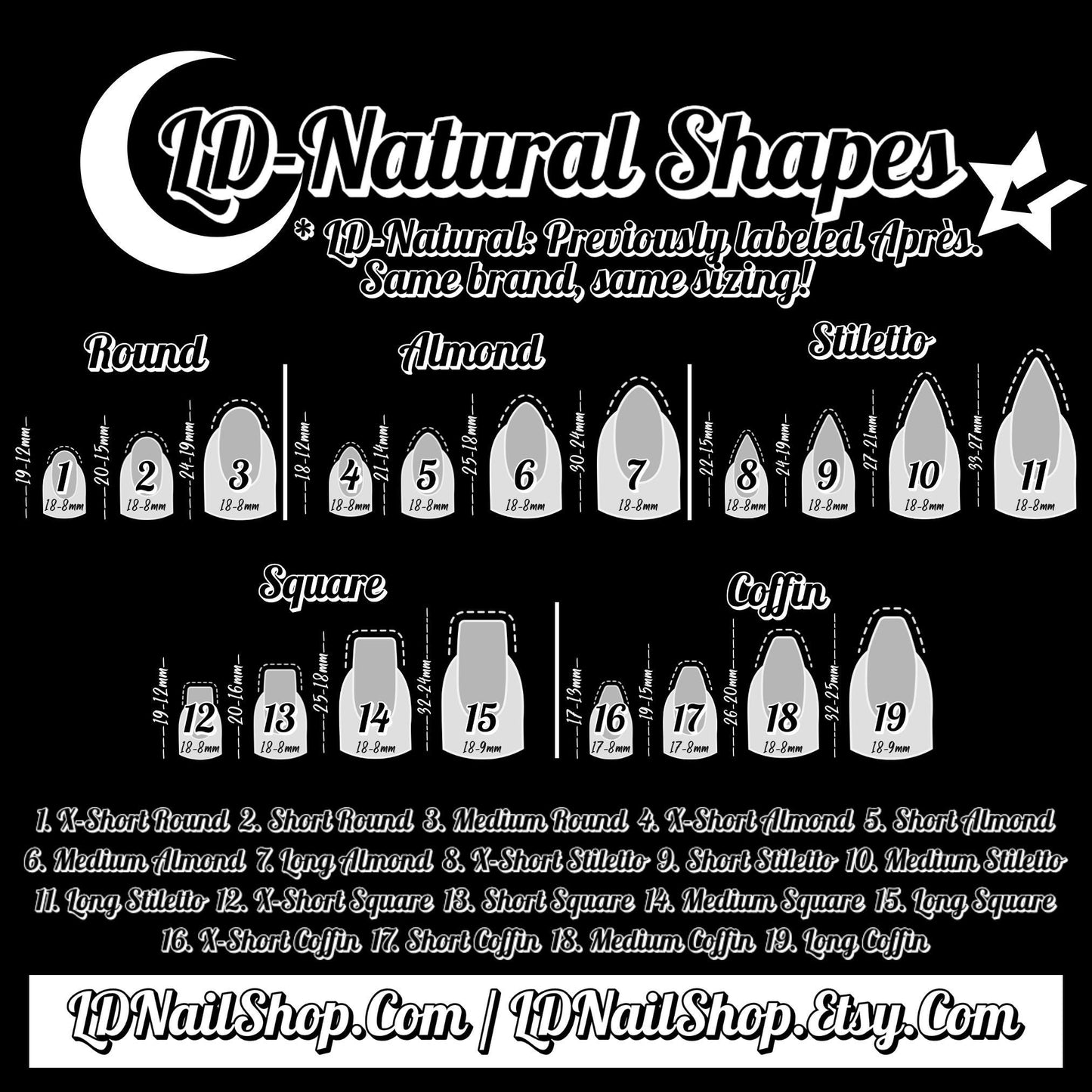 The image is a black and white diagram that provides a visual representation of various natural nail shapes, including round, almond, and square nails, along with their corresponding sizes.
