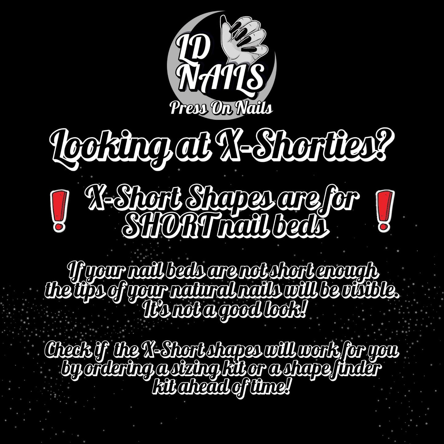 The image is a promotional poster for a nail salon called "ID Nails" that offers X-Short shapes for short nail beds. The poster provides information about the X-Short shapes and encourages customers to order a sizing kit or a shape finder kit ahead of time.