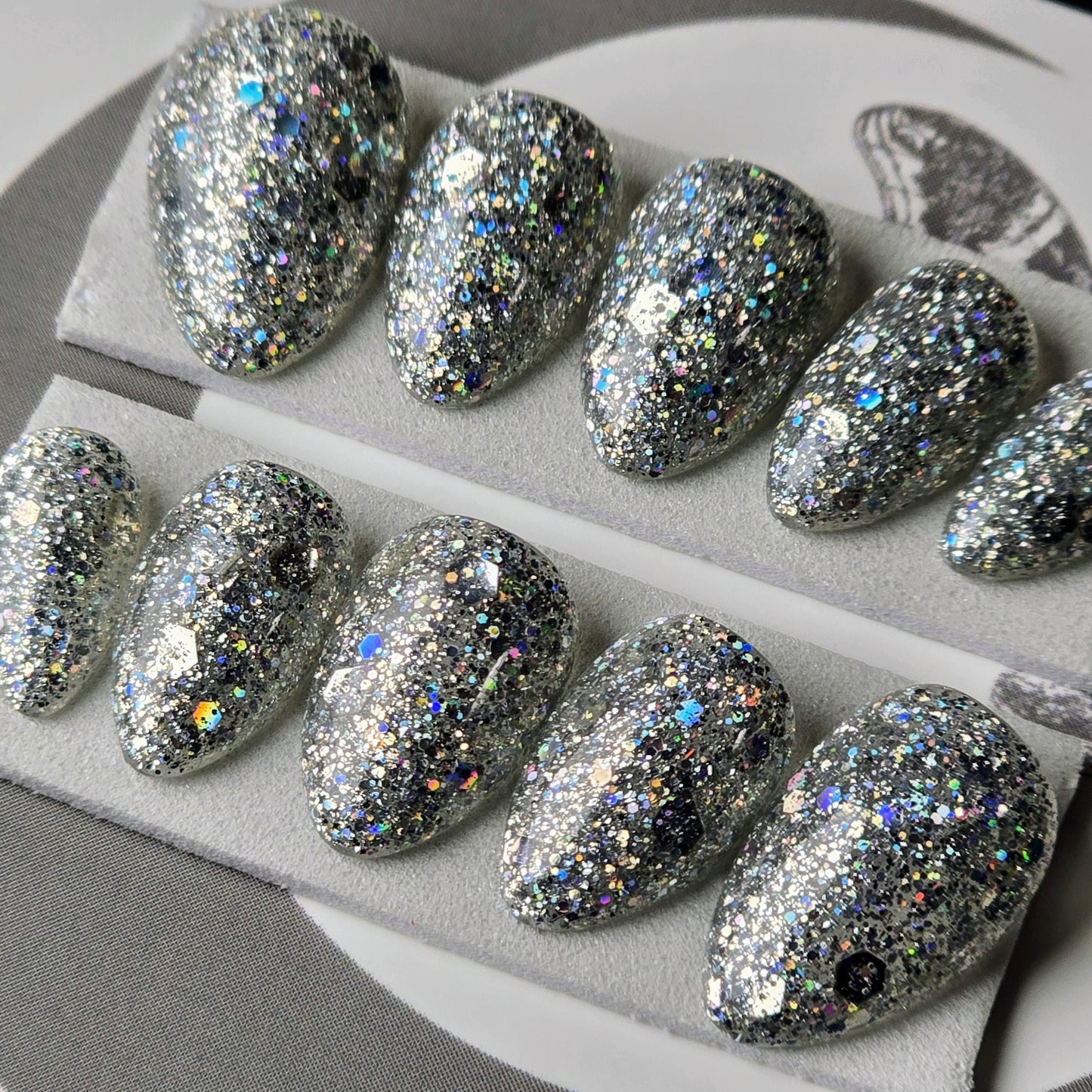 READY TO SHIP Glitterstorm, Silver Party Nails, Holographic Glitter Press On Nails, Chunky Glitter Nails, Gothic Nails, Witchy Nails