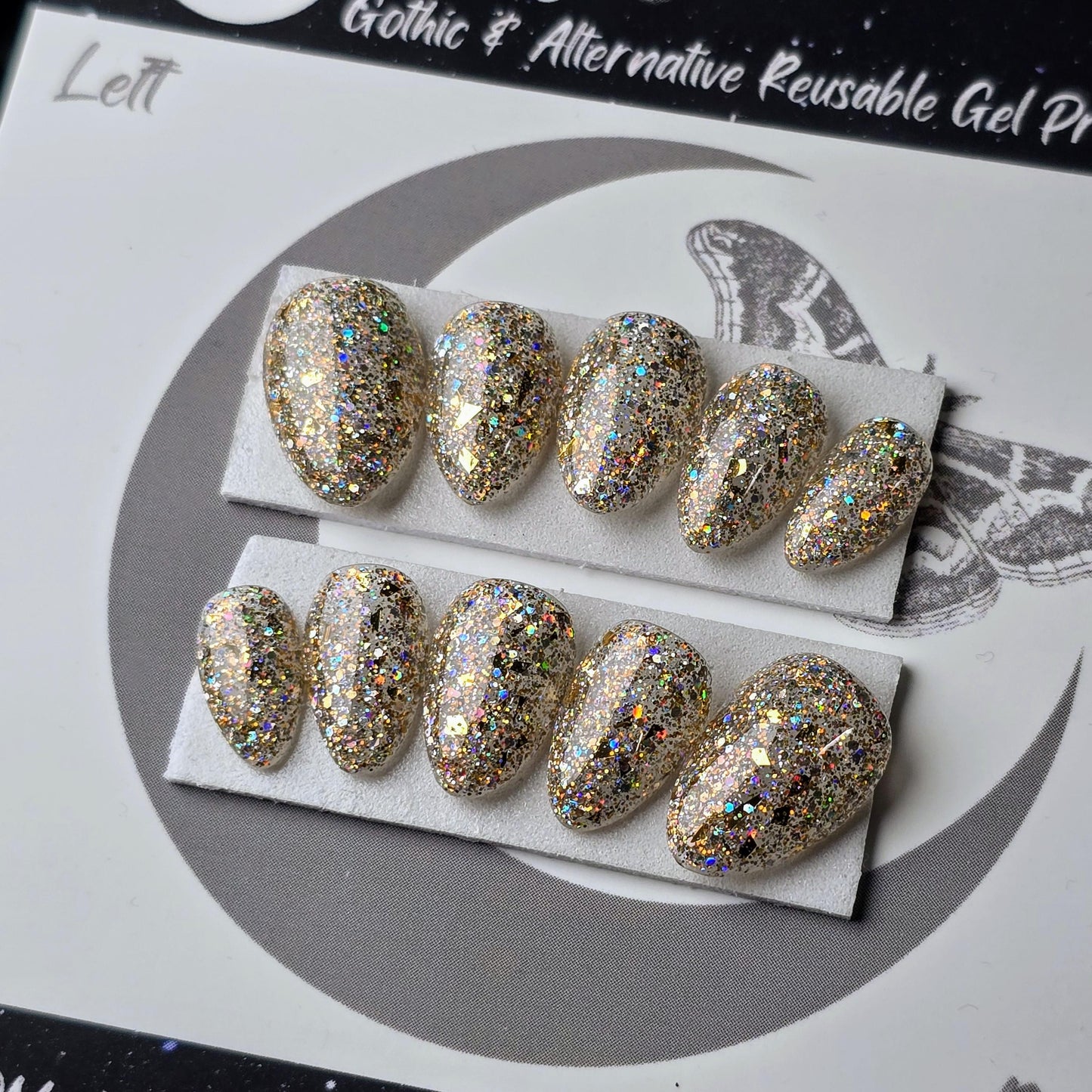 READY TO SHIP Moondust, Gold Party Nails, Holographic Glitter Press On Nails, Chunky Glitter Nails, Gothic Nails, Witchy Nails