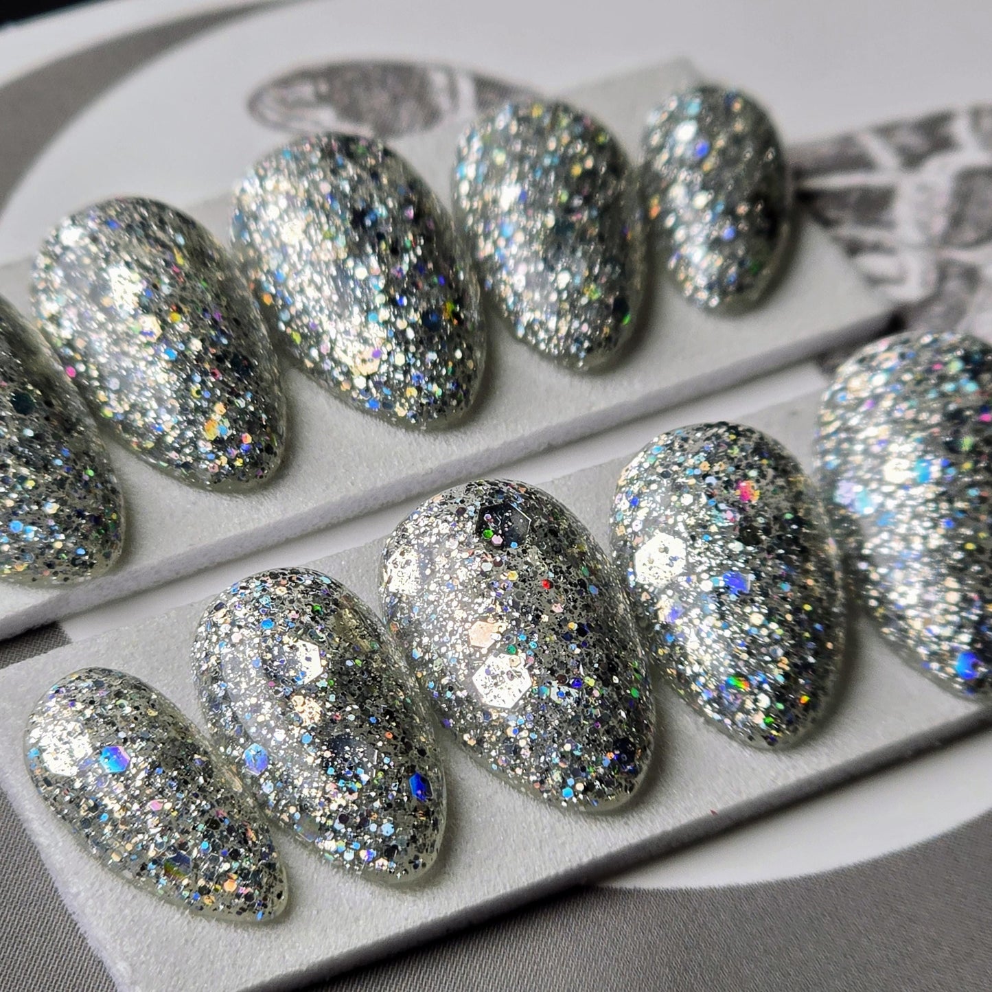 Glitterstorm, Silver Party Nails, Holographic Glitter Press On Nails, Chunky Glitter Nails, Gothic Nails, Witchy Nails, Reusable False Nails