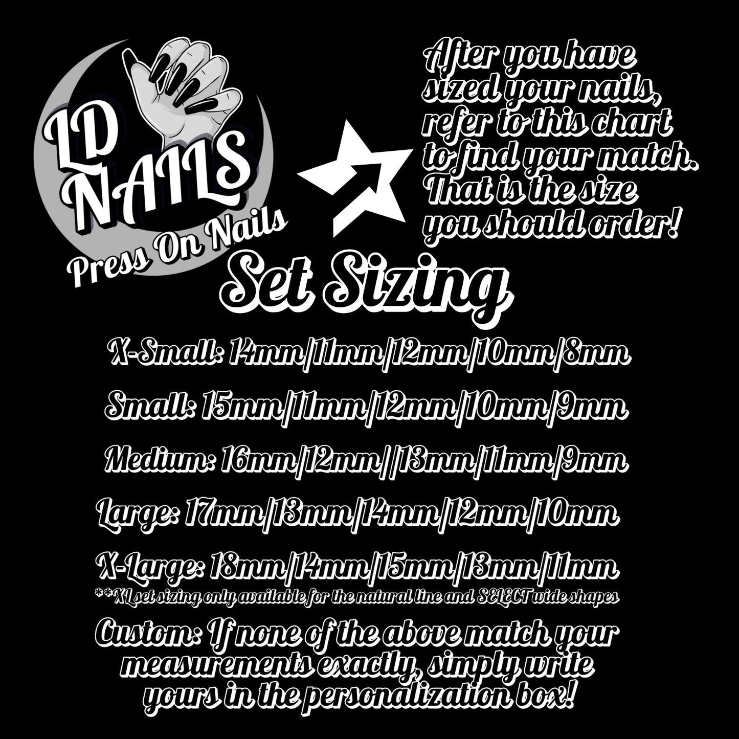 The image is a black and white advertisement for nail polish sets, featuring a star and text providing information about the sizes of the nail polish sets.