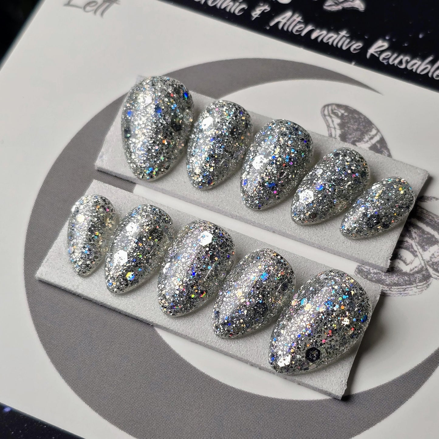READY TO SHIP Glitterstorm, Silver Party Nails, Holographic Glitter Press On Nails, Chunky Glitter Nails, Gothic Nails, Witchy Nails