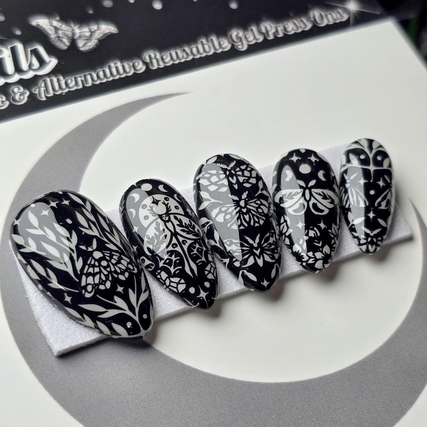 Nocturnal Garden, Witchy Halloween Press On Nails, Gothic Moth Nails, Glow in the Dark Press Ons