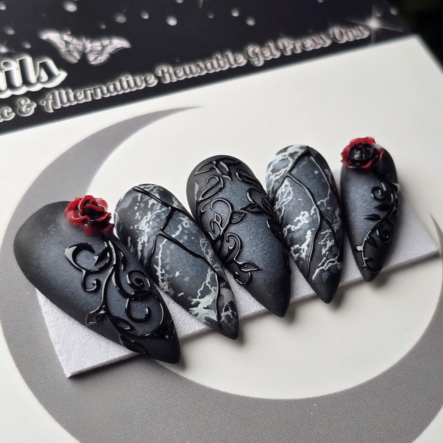 Marble & Mourning - Crypt Coture, Gothic Vampire Press Ons, Goth Halloween Nails