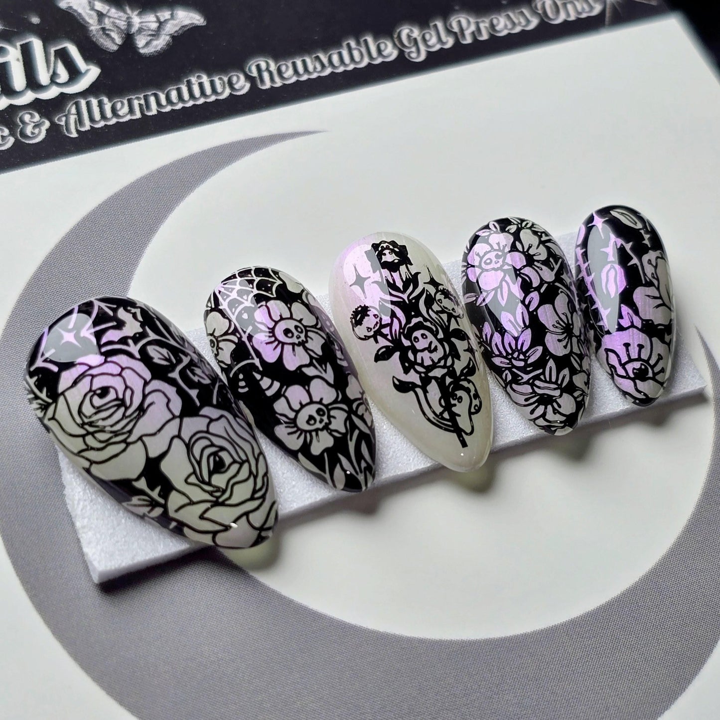 Grim Garden, Witchy Halloween Press On Nails, Gothic Spooky Garden Nails, Iridescent Press Ons