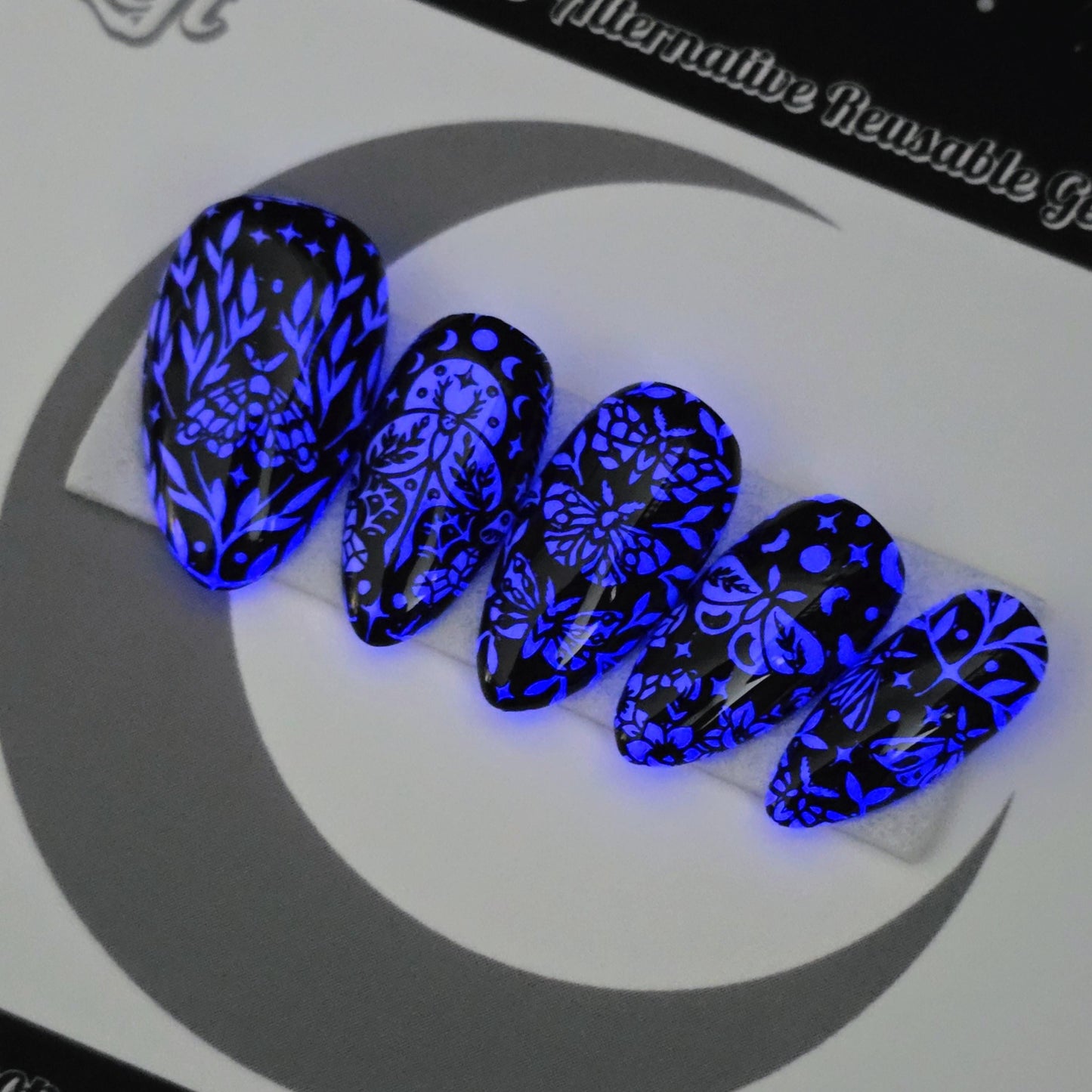 Nocturnal Garden, Witchy Halloween Press On Nails, Gothic Moth Nails, Glow in the Dark Press Ons