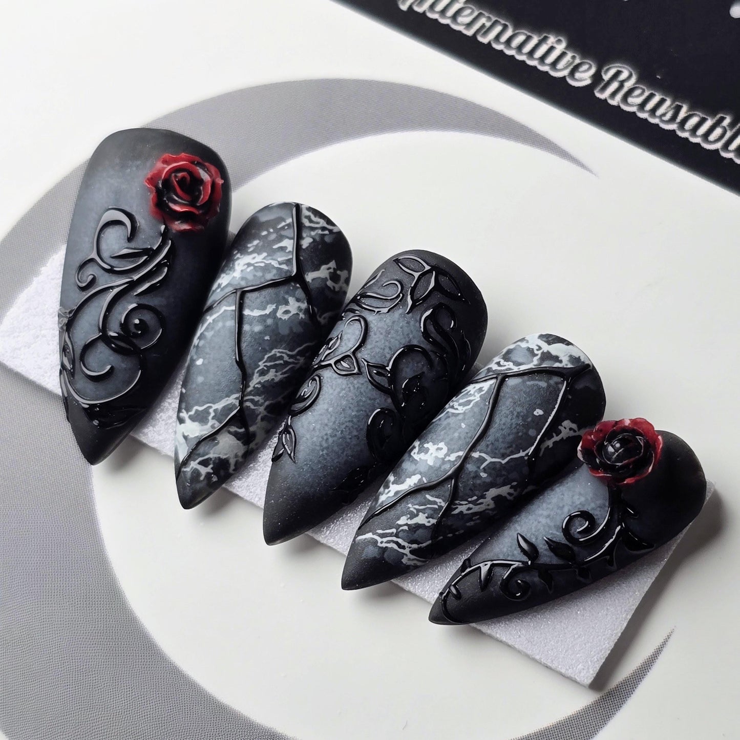 Marble & Mourning - Crypt Coture, Gothic Vampire Press Ons, Goth Halloween Nails