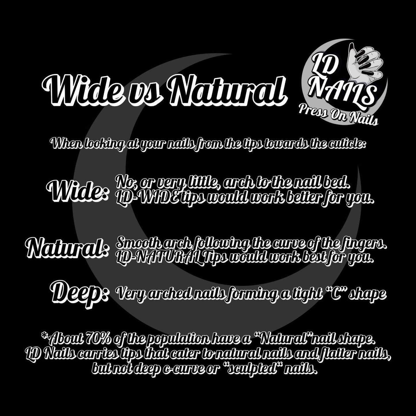 The image is a black and white comparison of wide and natural nail tips, with a logo and text at the top.