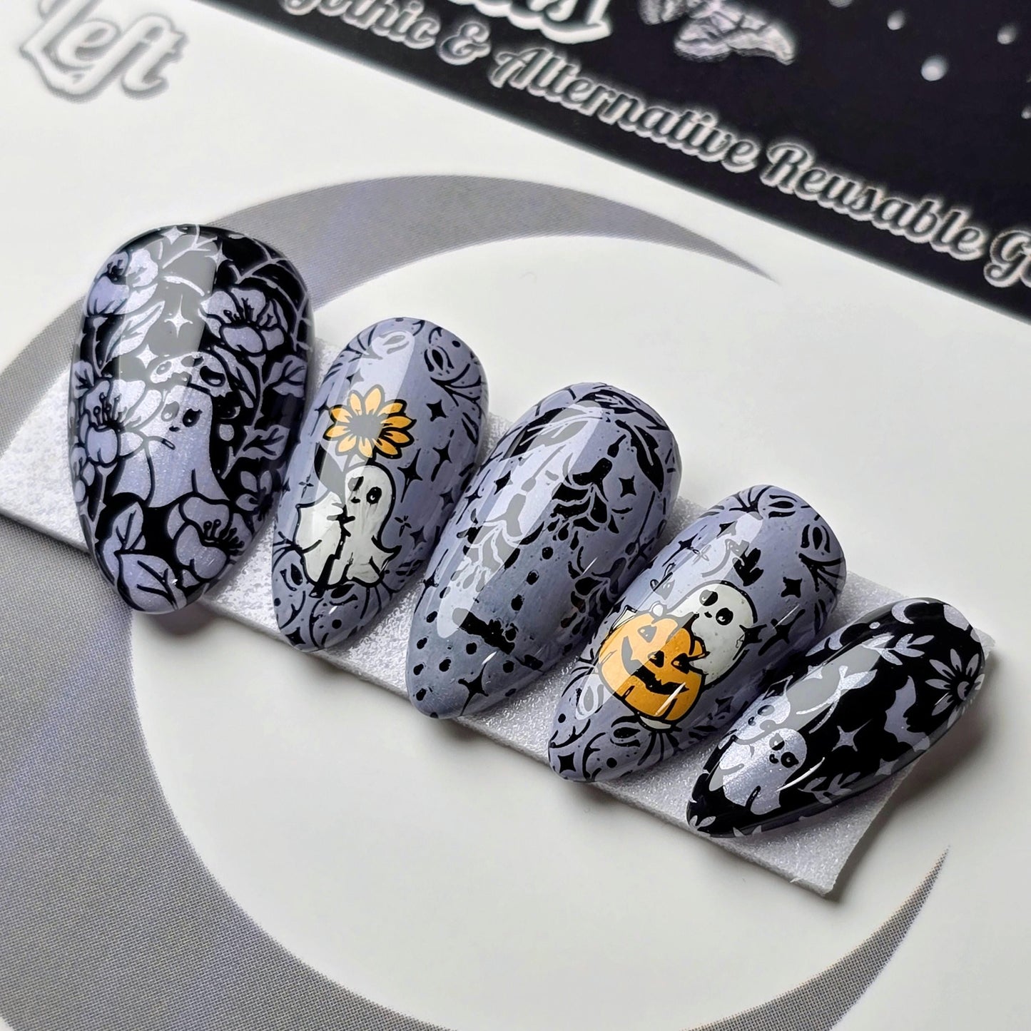Ghostly Garden, Gothic Halloween Ghost Press On Nails, Gothic Spooky Cute Garden Nails, Orange and Purple Press Ons