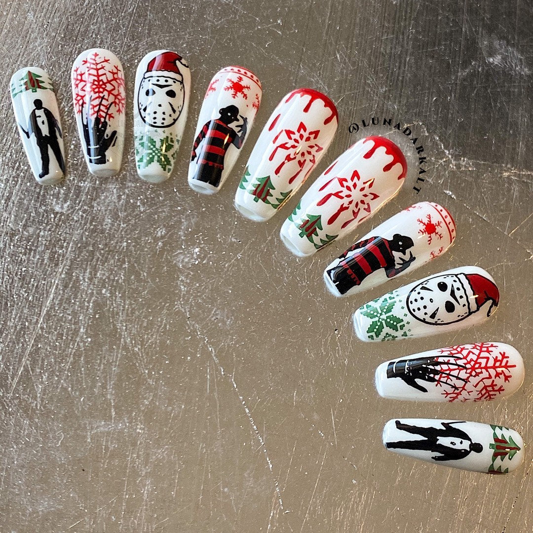 PRESS ON NAILS, Goth Press Ons, Merry Massacre, Horror Christmas, Reusable False Nails, Fake Nails, Press-on Nails, Glue-on Nails