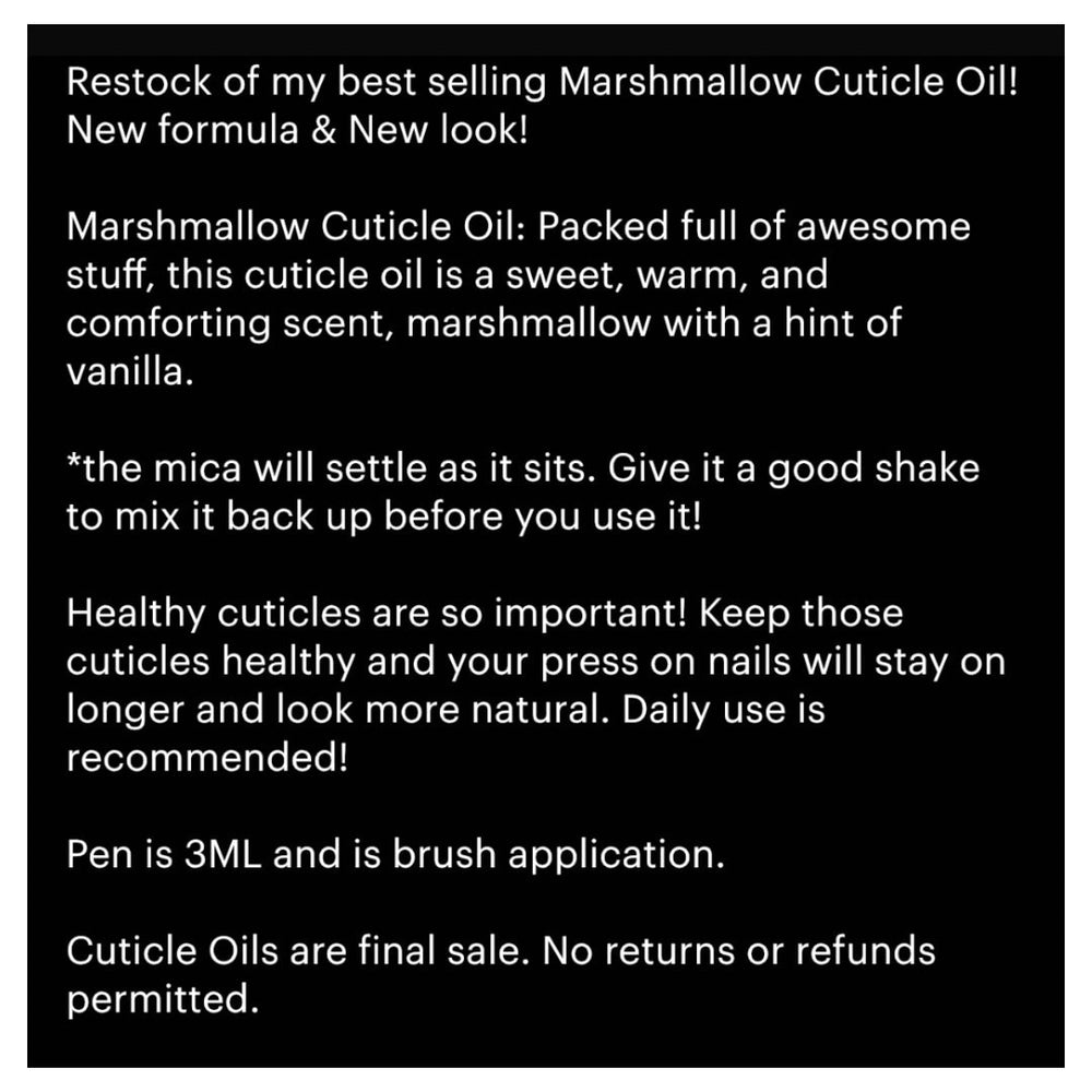 
                      
                        NEW! 3ml Marshmallow Cuticle Oil
                      
                    