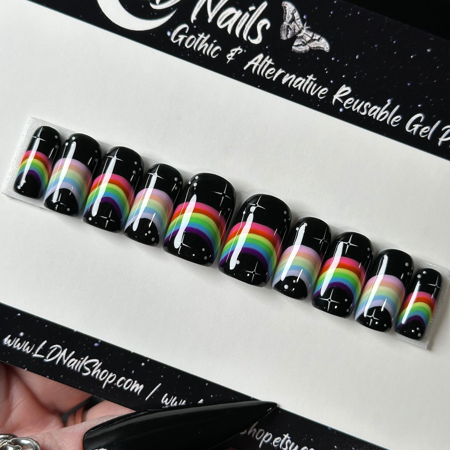 Midnight Rainbow, Gothic Starry Rainbow Press Ons, Pastel Goth Rainbow Nails, Neon Goth, Pride Nails, Reusable False Nails, Glue-on Nails