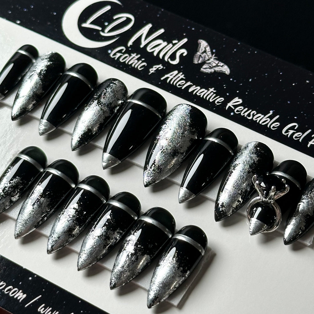 Gothic Bridal Press On Nails, Black and Silver Chrome Goth Wedding Nails, Witchy Wedding Nails, Bridal Nail Bundle, Wedding Ring Nails