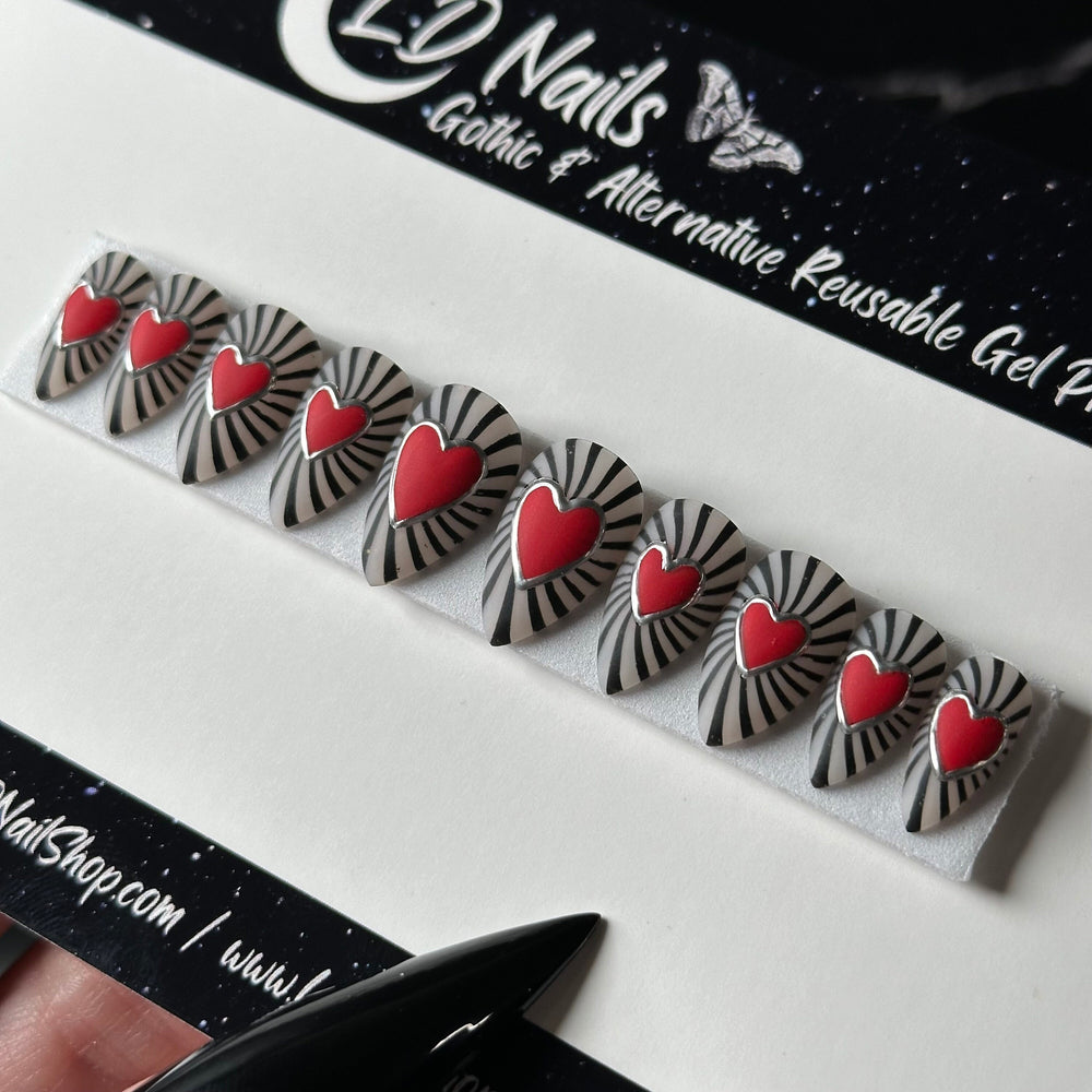 Swirl Hearts, Red Silver Black Gothic Valentines Nails, Heart Press On Nails, Alt Nails, Witchy Nails, Goth Press Ons, Reusable False Nails