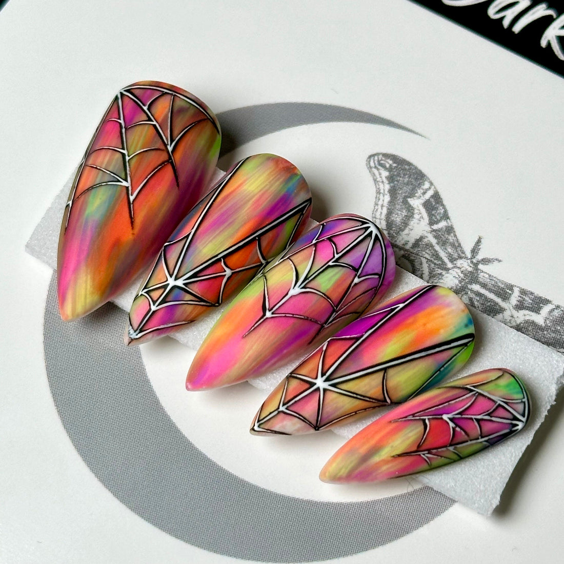 Psychedelic Silk, Neon Rainbow Spiderweb Nails, Summer Goth Press On Nails, Spooky Summer Nails, Halloween Press Ons, Reusable False Nails