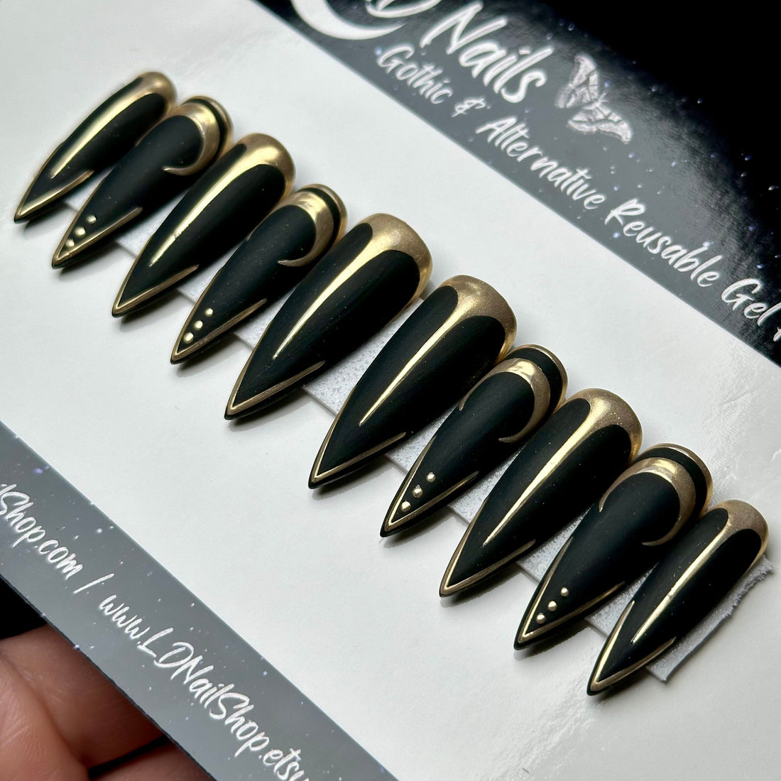Wicked Regal, Black and Gold Witchy Moon Nails, Gothic Gold Chrome Press On Nails, Matte Goth Nails, Reusable False Nails, Press-on Nails