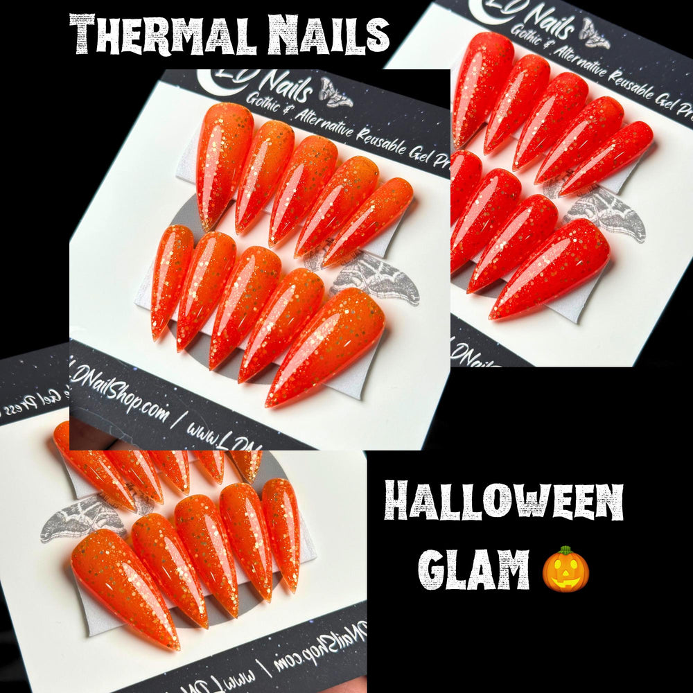 
                      
                        Halloween Glam, Orange and Yellow Color Shift Thermal Press On Nails, Gothic Nails, Witchy Nails, Reusable False Nails, Alternative Nails
                      
                    