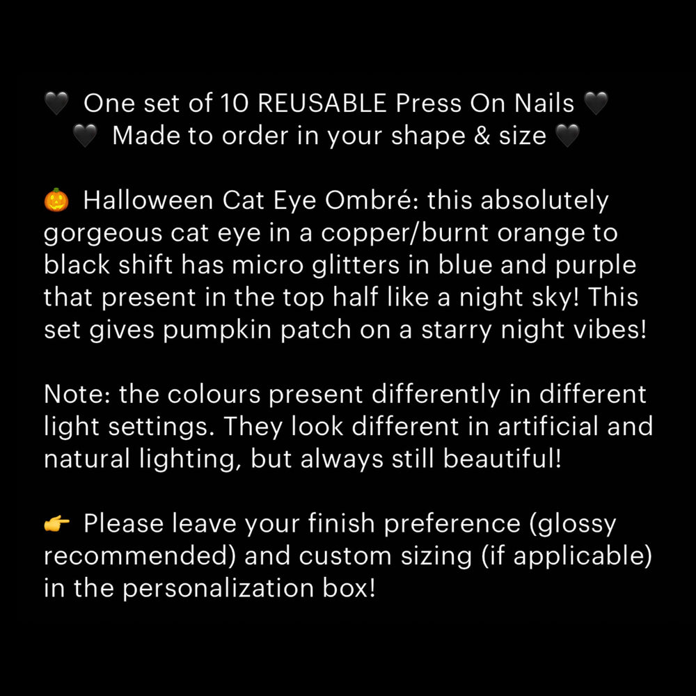 
                      
                        Halloween Cat Eye Ombré, Spooky Colour Shift Nails, Press On Nails, Gothic Press Ons, Witchy Nails, Reusable False Nails, Alternative Nails
                      
                    