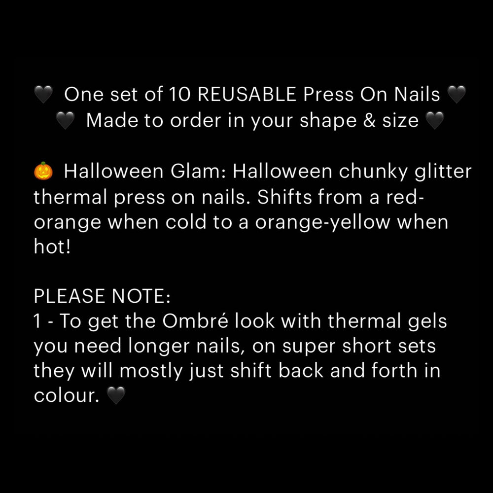 
                      
                        Halloween Glam, Orange and Yellow Color Shift Thermal Press On Nails, Gothic Nails, Witchy Nails, Reusable False Nails, Alternative Nails
                      
                    