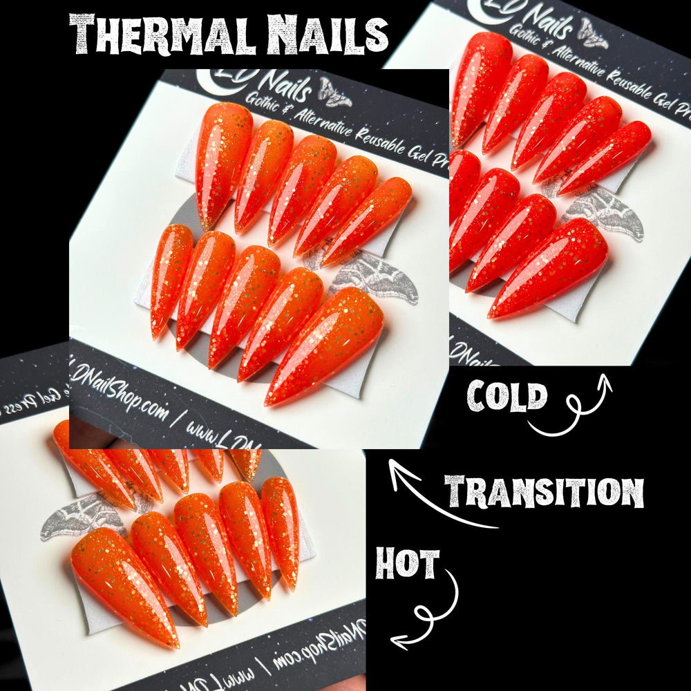 
                      
                        Halloween Glam, Orange and Yellow Color Shift Thermal Press On Nails, Gothic Nails, Witchy Nails, Reusable False Nails, Alternative Nails
                      
                    