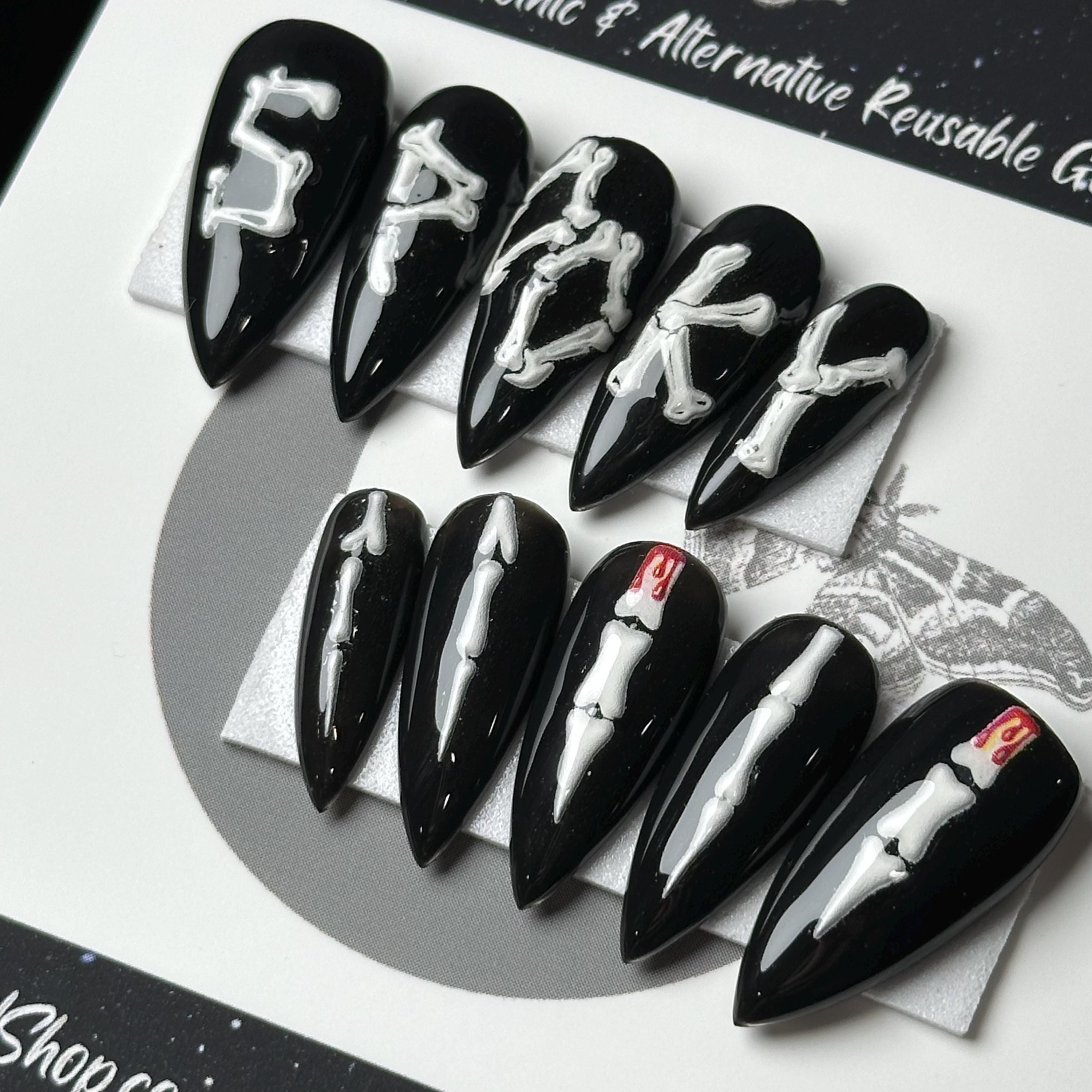 Skeleton Love Black and White Goth Spooky Valentines Day cheapest Customizable Designer Luxury Press-on Acrylic Nails Set - Includes Application Kit