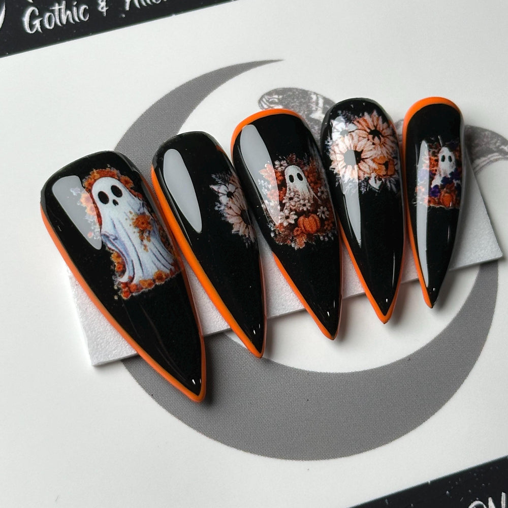 
                      
                        Haunted Harvest, Autumn Ghost Nails, Black and Orange Nails, Gothic Fall Press On Nails, Custom Halloween Nails, Reusable False Nails
                      
                    