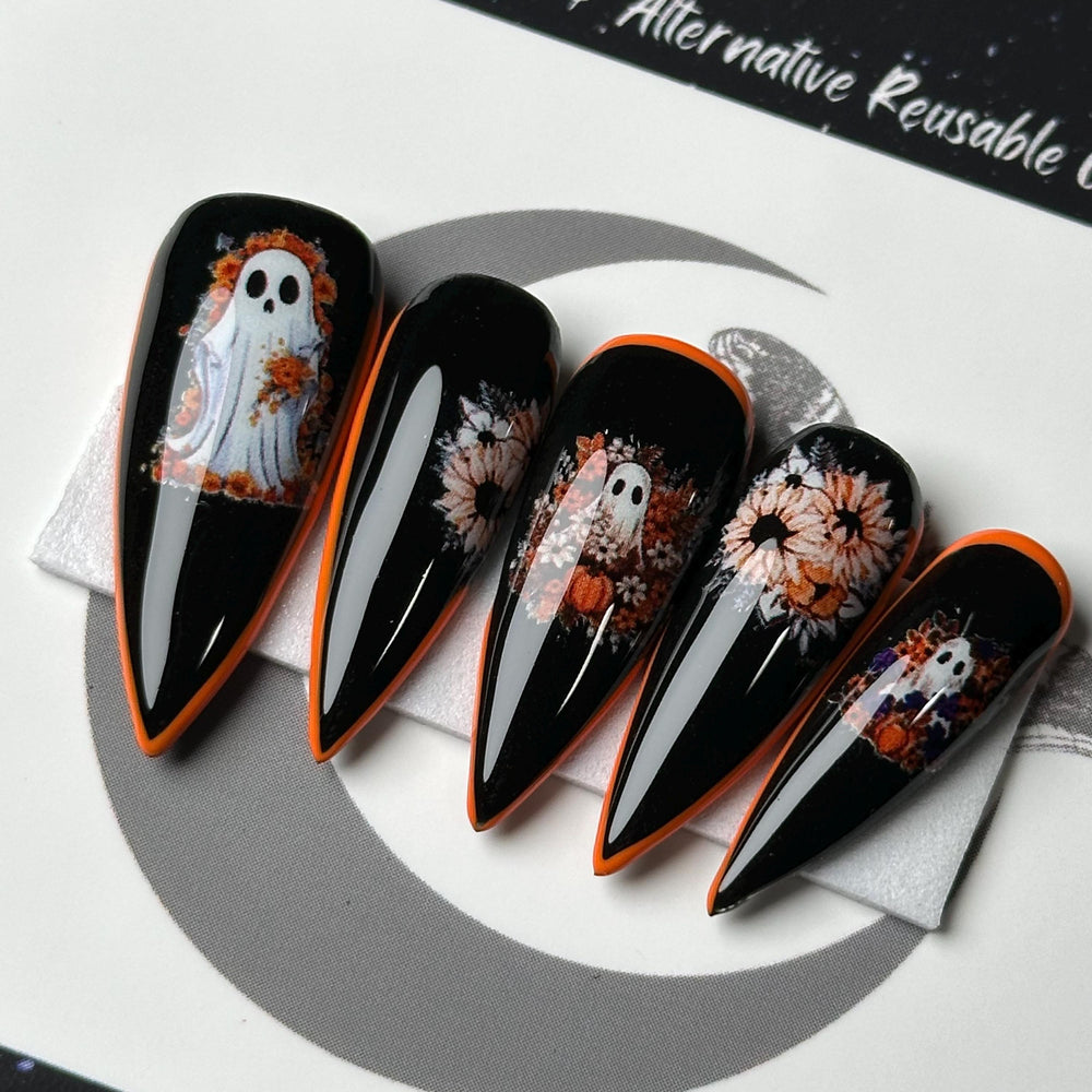 
                      
                        Haunted Harvest, Autumn Ghost Nails, Black and Orange Nails, Gothic Fall Press On Nails, Custom Halloween Nails, Reusable False Nails
                      
                    