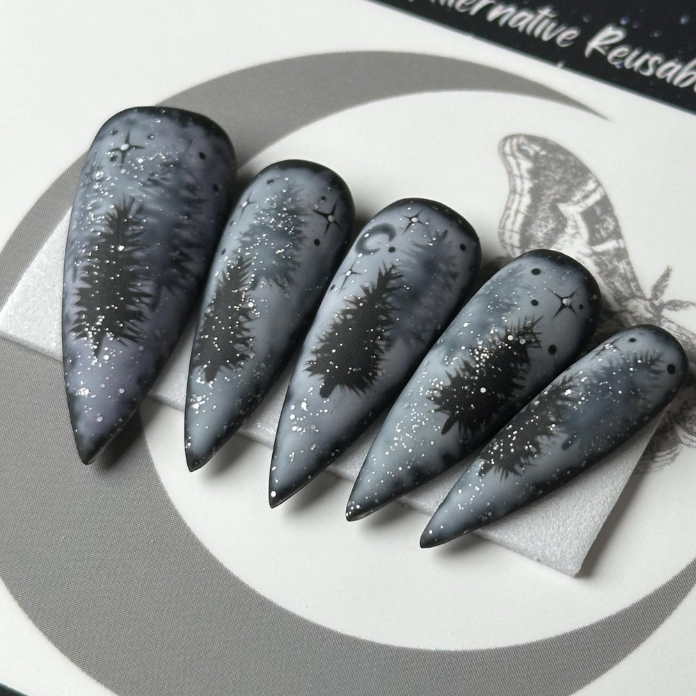 Winter Woods, Gothic Christmas Press On Nails, Black & White Winter Forest Nails, Witchy Glitter Christmas Nails, Reusable False Nails