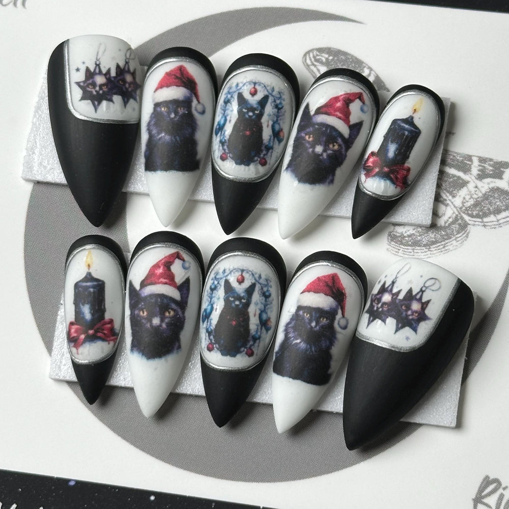 Black Cat Christmas, READY TO SHIP, Gothic Christmas Nails, Witchy Christmas Nails, Reusable False Nails, Fake Nail, Press-on Nail, Glue-on