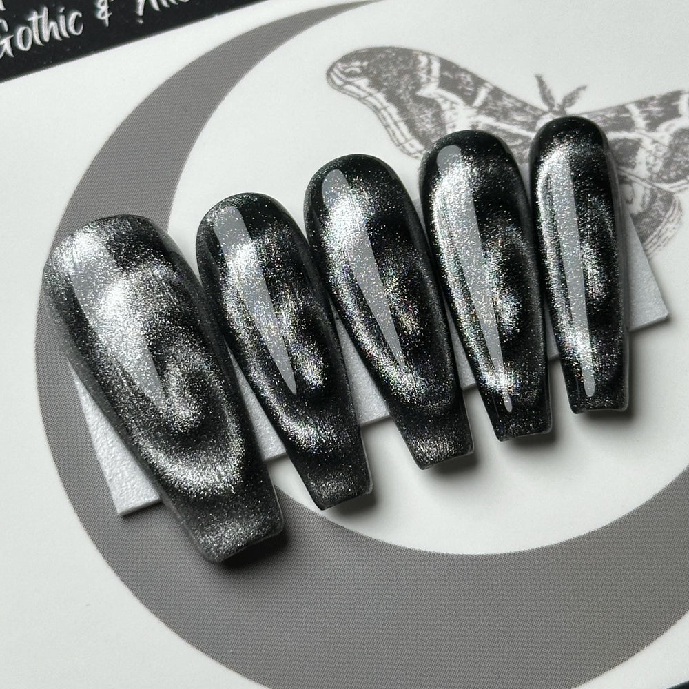 
                      
                        Hypno Cat Eye, Silver Spiral Nails, Gothic Press Ons, Alt Nails, Witchy Nails, Goth Nails, Reusable False Nails
                      
                    