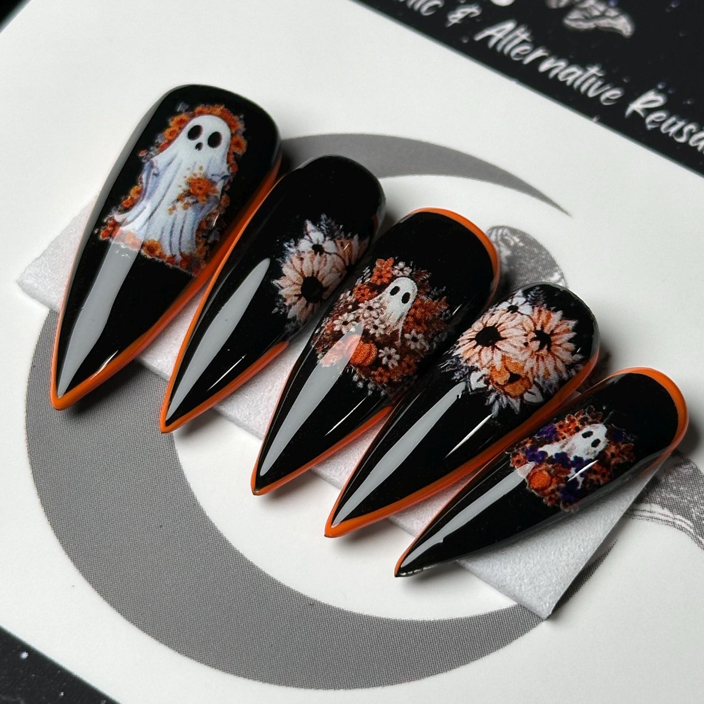 Haunted Harvest, Autumn Ghost Nails, Black and Orange Nails, Gothic Fall Press On Nails, Custom Halloween Nails, Reusable False Nails