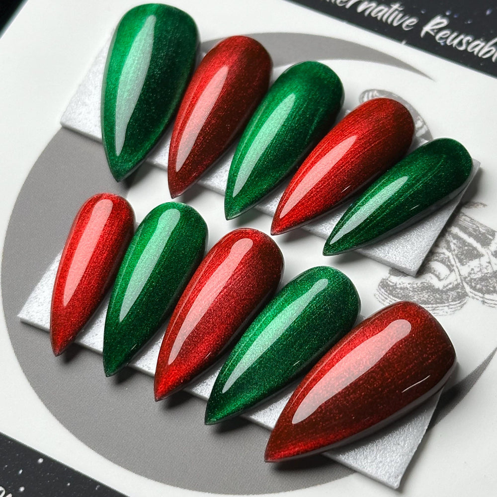 Red & Green Christmas Glass Nails, Press On Nails, Winter Nails, Gothic Press Ons, Witchy Nails, Reusable False Nails, Alternative Nail