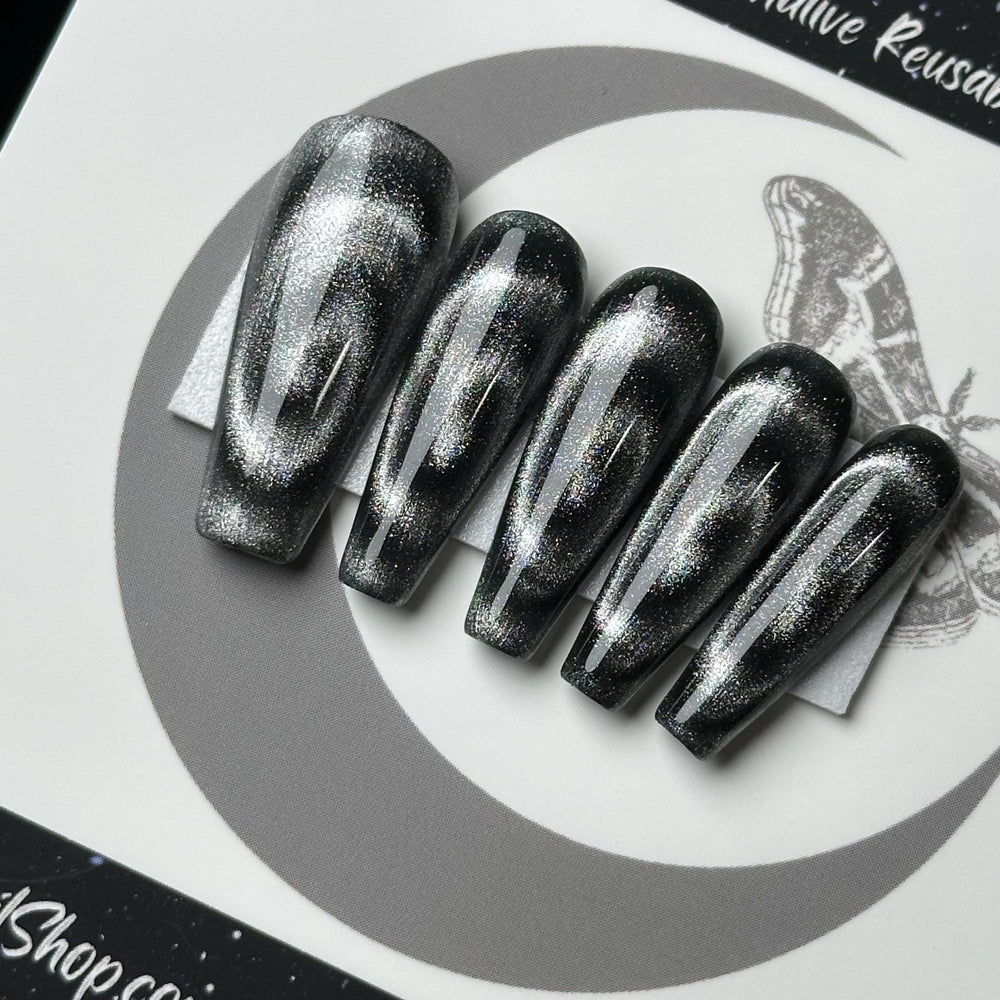 
                      
                        Hypno Cat Eye, Silver Spiral Nails, Gothic Press Ons, Alt Nails, Witchy Nails, Goth Nails, Reusable False Nails
                      
                    