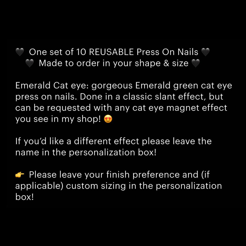 
                      
                        Emerald Cat Eye, Press On Nails, Colour Shift Nails, Cosplay Nails, Gothic Press Ons, Witchy Nails, Reusable False Nails, Alternative Nail
                      
                    