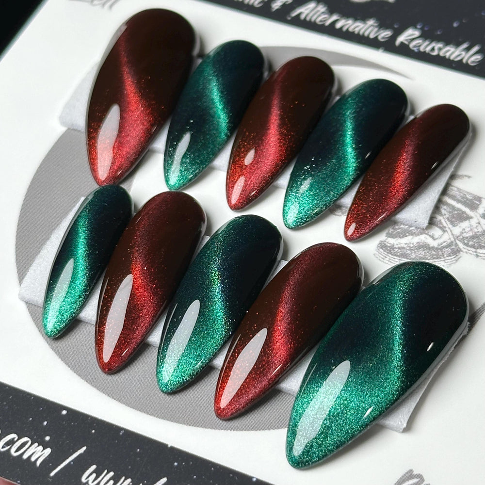 Christmas Cat Eye, Red and Green Press On Nails, Cosplay Nails, Gothic Press Ons, Witchy Nails, Reusable False Nails, Alternative Nail