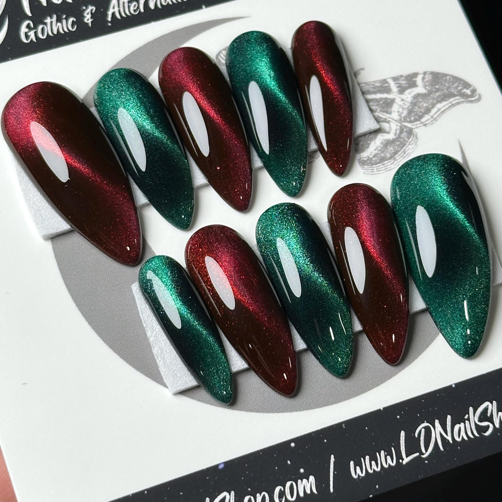 
                      
                        Christmas Cat Eye, Red and Green Press On Nails, Cosplay Nails, Gothic Press Ons, Witchy Nails, Reusable False Nails, Alternative Nail
                      
                    