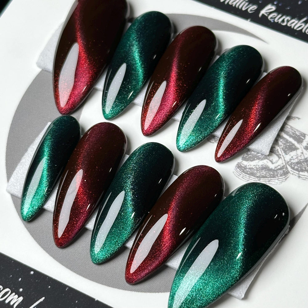 
                      
                        Christmas Cat Eye, Red and Green Press On Nails, Cosplay Nails, Gothic Press Ons, Witchy Nails, Reusable False Nails, Alternative Nail
                      
                    