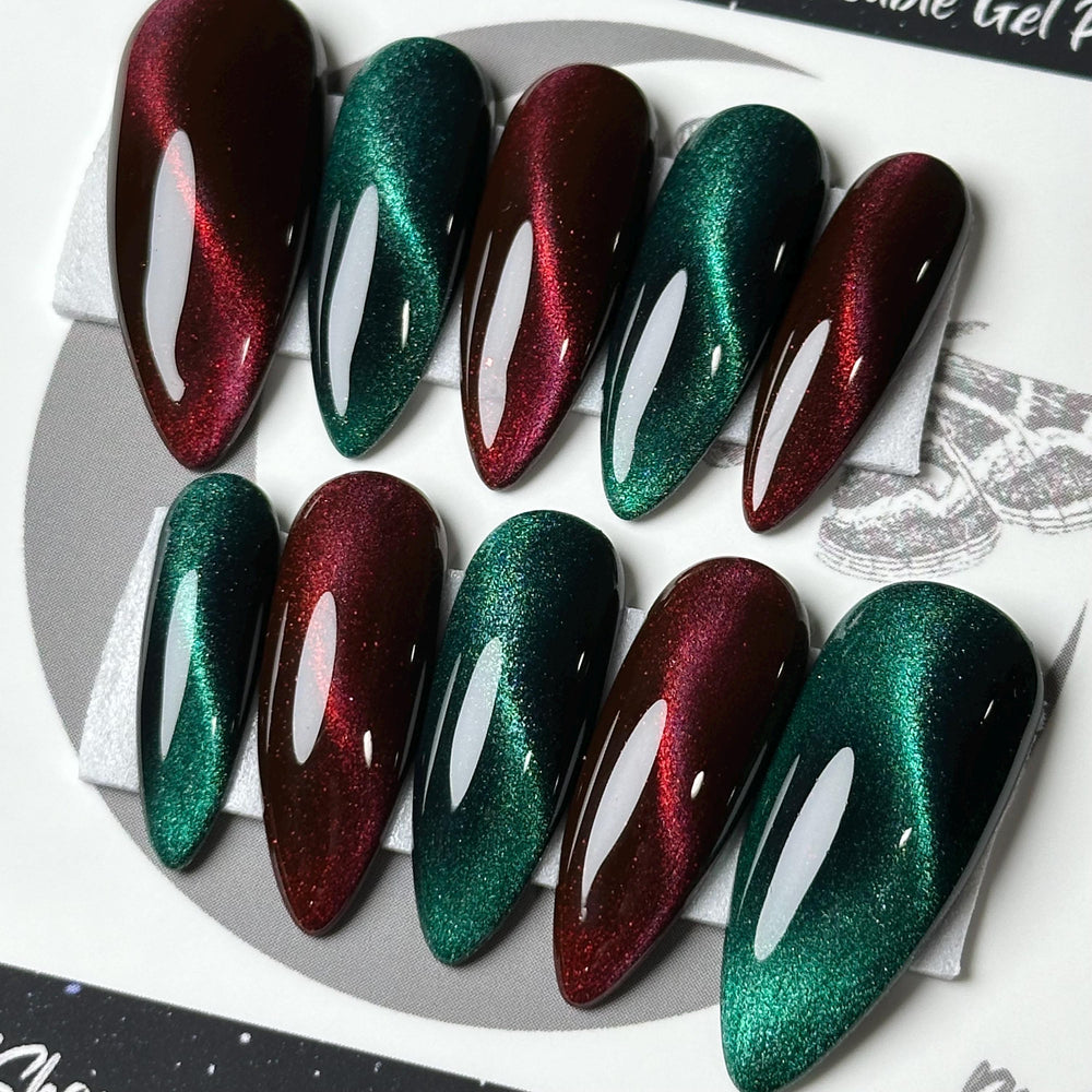 
                      
                        Christmas Cat Eye, Red and Green Press On Nails, Cosplay Nails, Gothic Press Ons, Witchy Nails, Reusable False Nails, Alternative Nail
                      
                    