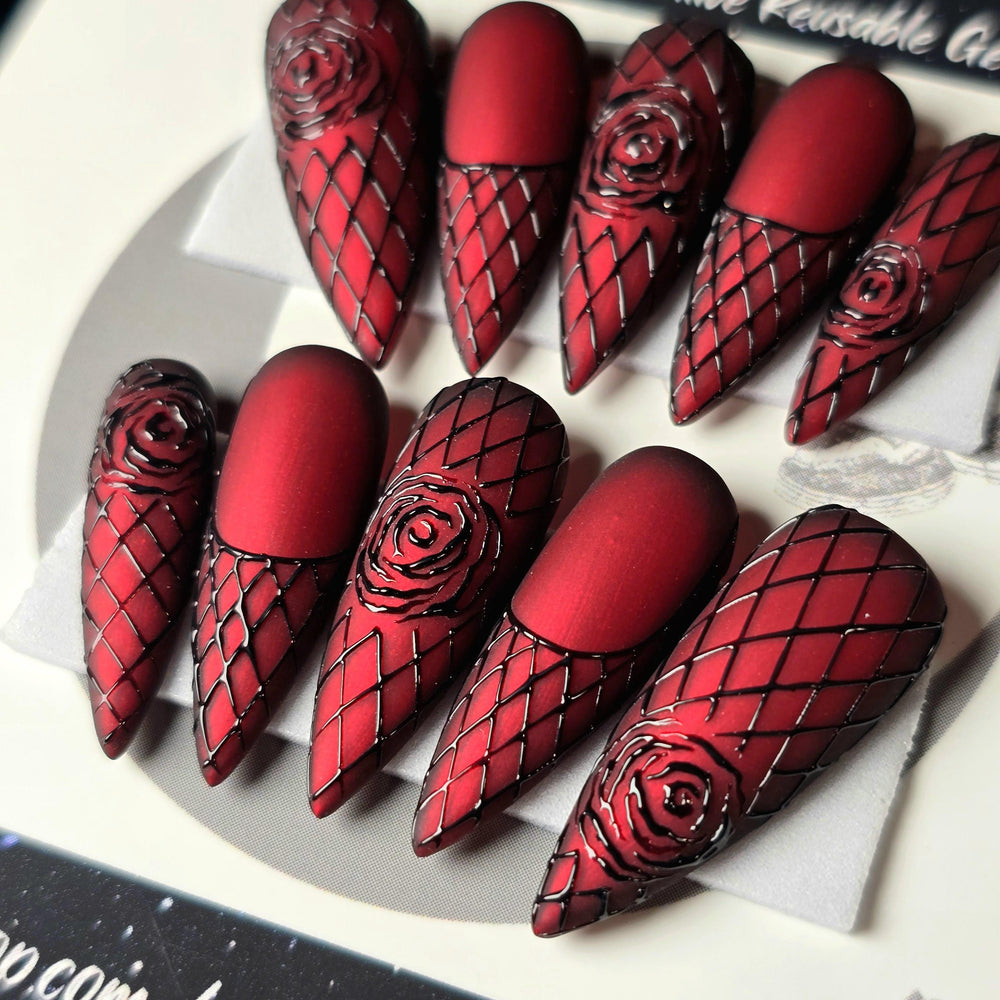 Valentine Vixen, Red Chrome Valentine's Day Press On Nails, Gothic Black Rose Nails, Embossed Nails, 3D Nails, Reusable False Nails