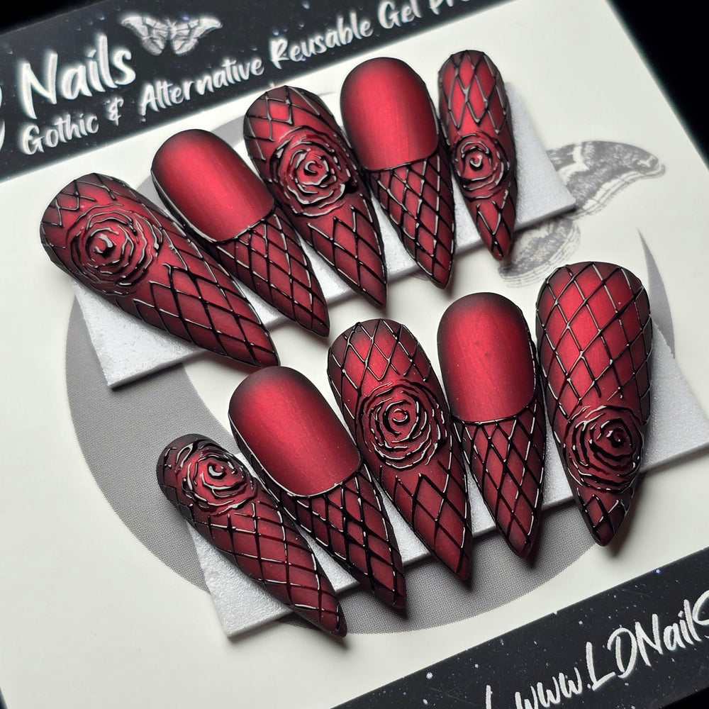 
                      
                        Valentine Vixen, Red Chrome Valentine's Day Press On Nails, Gothic Black Rose Nails, Embossed Nails, 3D Nails, Reusable False Nails
                      
                    