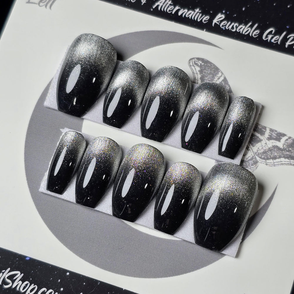 
                      
                        Shadow Play, Black and Silver Reverse French Cat Eye Nails, Gothic Press Ons, Alt Nails, Witchy Nails, Goth Nails, Reusable False Nails
                      
                    