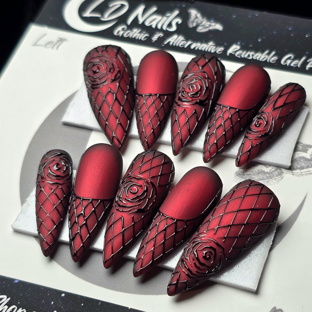 
                      
                        Valentine Vixen, Red Chrome Valentine's Day Press On Nails, Gothic Black Rose Nails, Embossed Nails, 3D Nails, Reusable False Nails
                      
                    