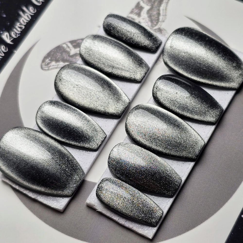 Shadows Kiss, Black and Silver Velvet Matte Cat Eye Nails, Gothic Press Ons, Witchy Nails, Reusable False Nails, Alternative Nails