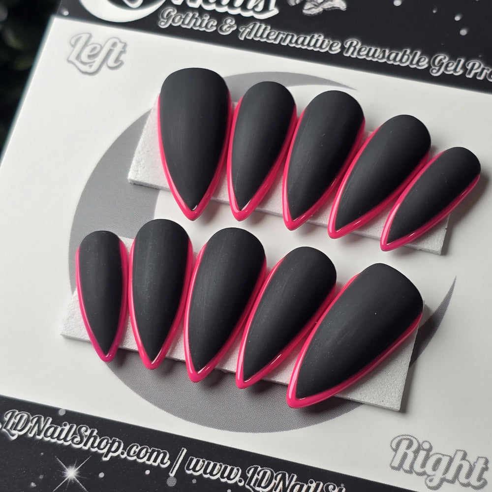 
                      
                        Black and Pink Skinny French, Halloween Press Ons, Fall Nails, Gothic Press Ons, Witchy Nails, Reusable False Nails, Alternative Nails
                      
                    