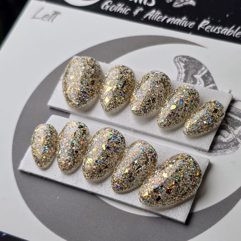 READY TO SHIP Moondust, Gold Party Nails, Holographic Glitter Press On Nails, Chunky Glitter Nails, Gothic Nails, Witchy Nails