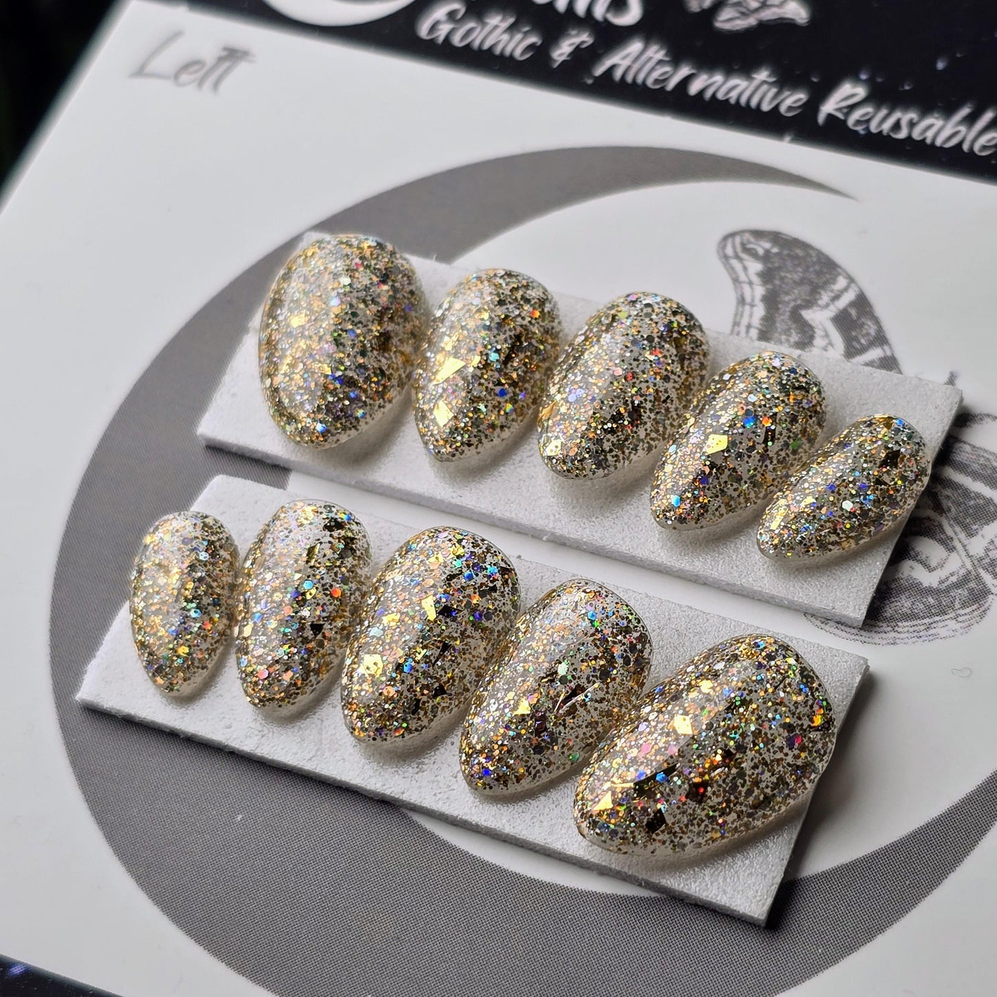 READY TO SHIP Moondust, Gold Party Nails, Holographic Glitter Press On Nails, Chunky Glitter Nails, Gothic Nails, Witchy Nails