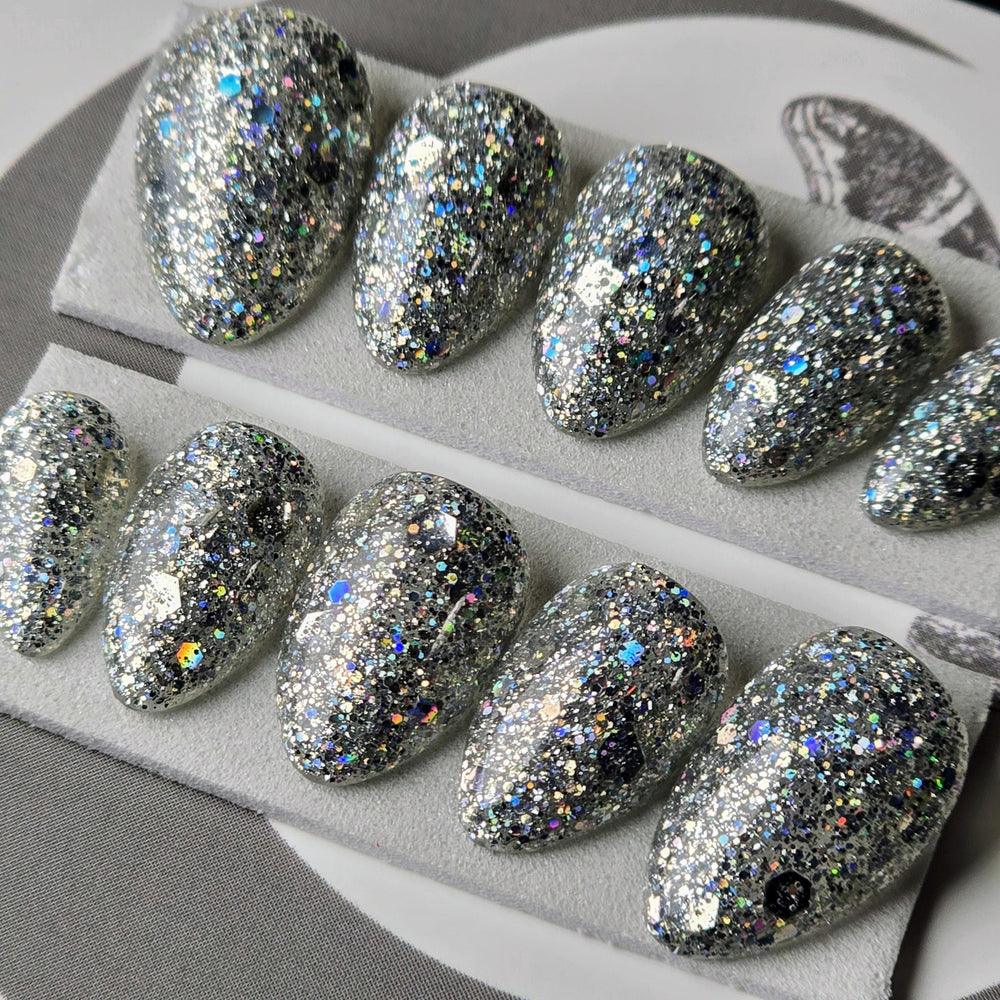 
                      
                        Glitterstorm, Silver Party Nails, Holographic Glitter Press On Nails, Chunky Glitter Nails, Gothic Nails, Witchy Nails, Reusable False Nails
                      
                    
