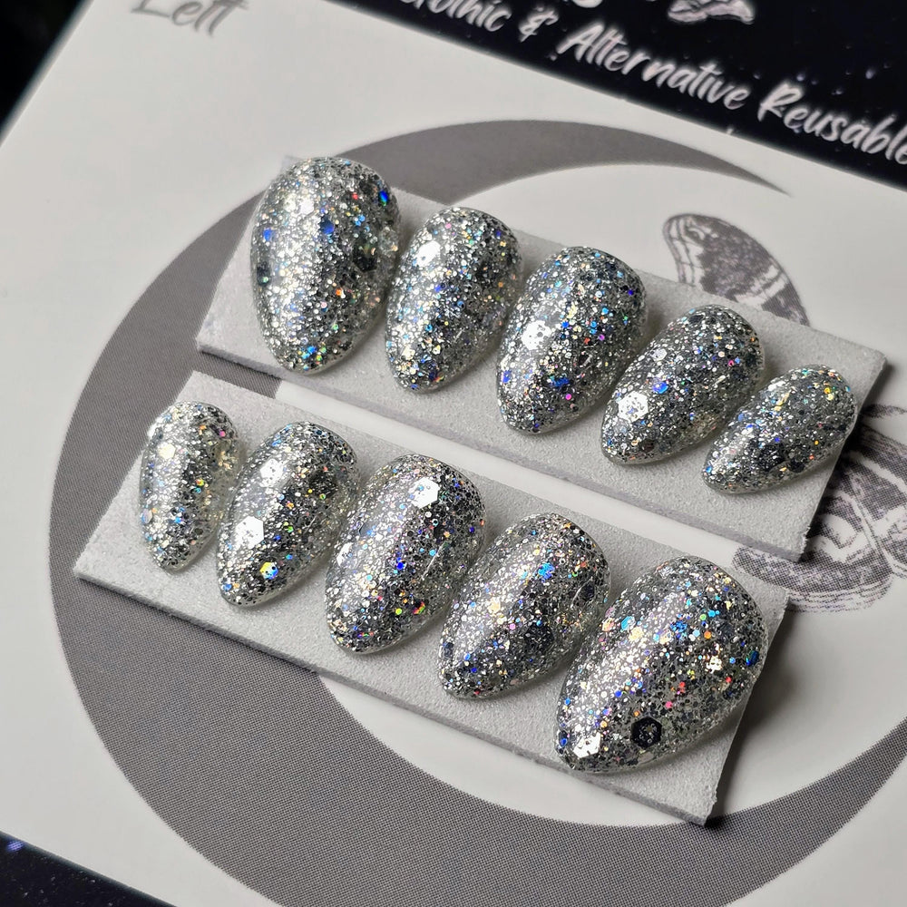 
                      
                        Glitterstorm, Silver Party Nails, Holographic Glitter Press On Nails, Chunky Glitter Nails, Gothic Nails, Witchy Nails, Reusable False Nails
                      
                    