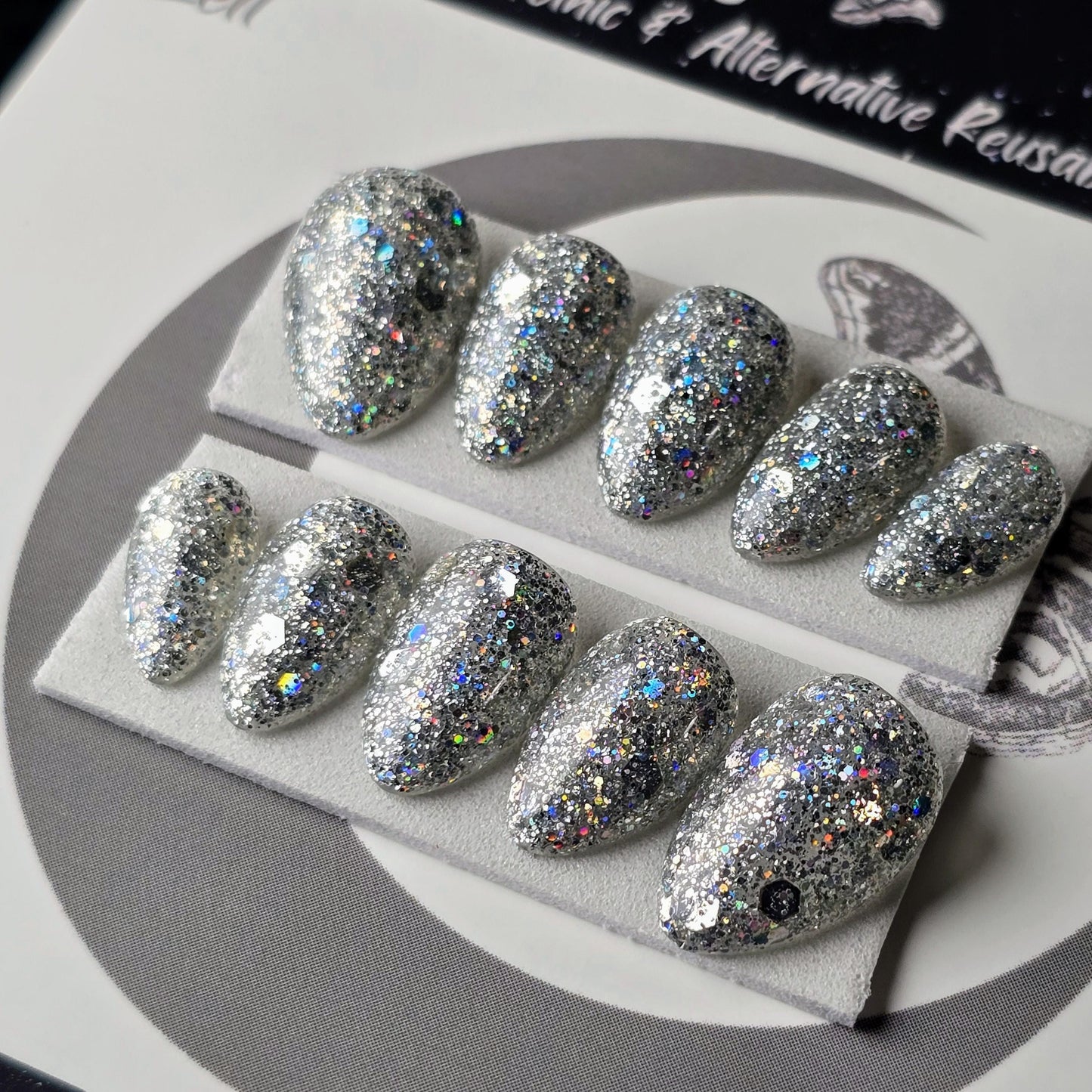 READY TO SHIP Glitterstorm, Silver Party Nails, Holographic Glitter Press On Nails, Chunky Glitter Nails, Gothic Nails, Witchy Nails